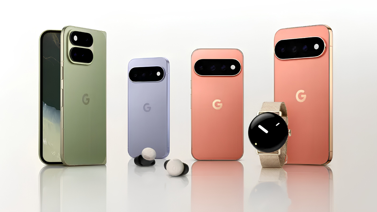 A new tracking tag joins four smartphones at Made by Google 2026 in India 1 Green foldable smartphone, purple phone, black earbuds, pink smartphones, and round gold smartwatch showcase.