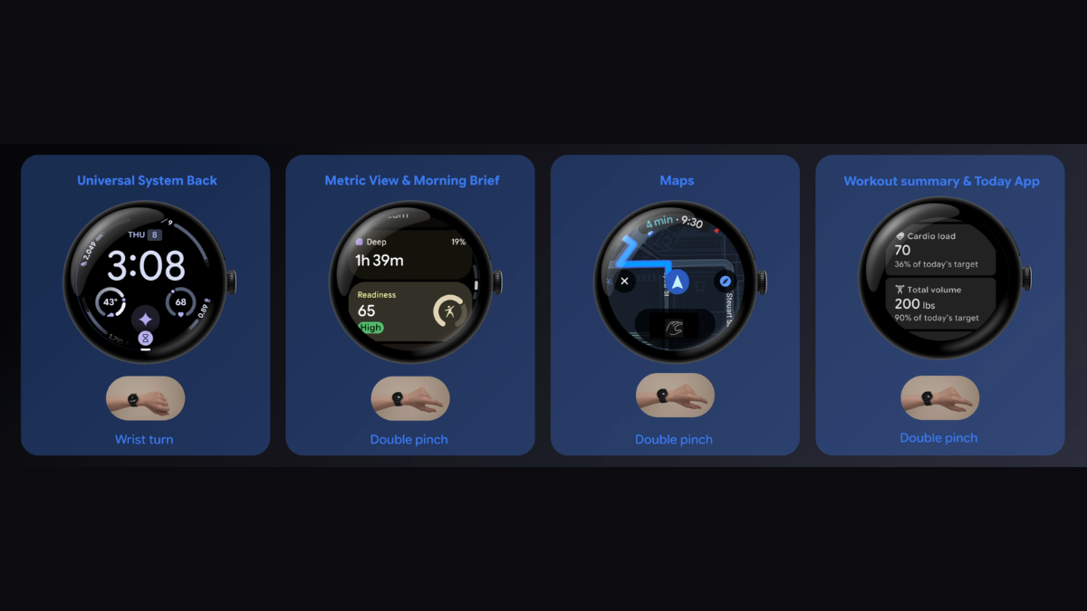 Blood pressure monitoring arrives on the Pixel Watch 5 in India 1 Four blue panels displaying watch faces with sleep metrics, maps, and workout summaries beside hand gesture icons screen.