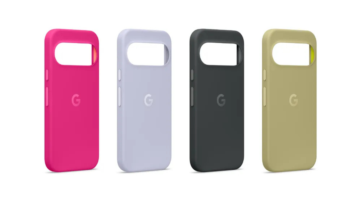 Hands-free voice control arrives on the Pixel Buds Pro 2 1 Four phone cases in pink, light blue, black, and olive green lined up left to right accessory context.