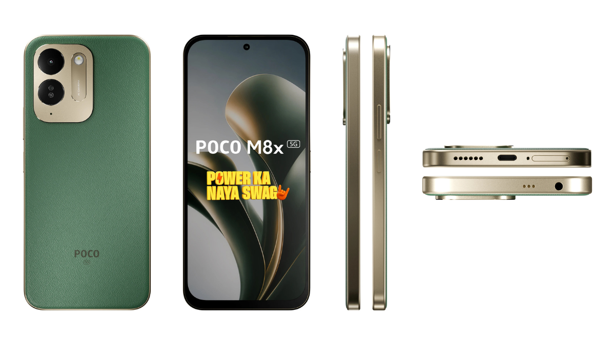 Huge 7,900mAh battery headlines the POCO M8x 5G in India 1 Green back panel, front screen, and metallic side profiles alongside top and bottom port edges against a white backdrop.