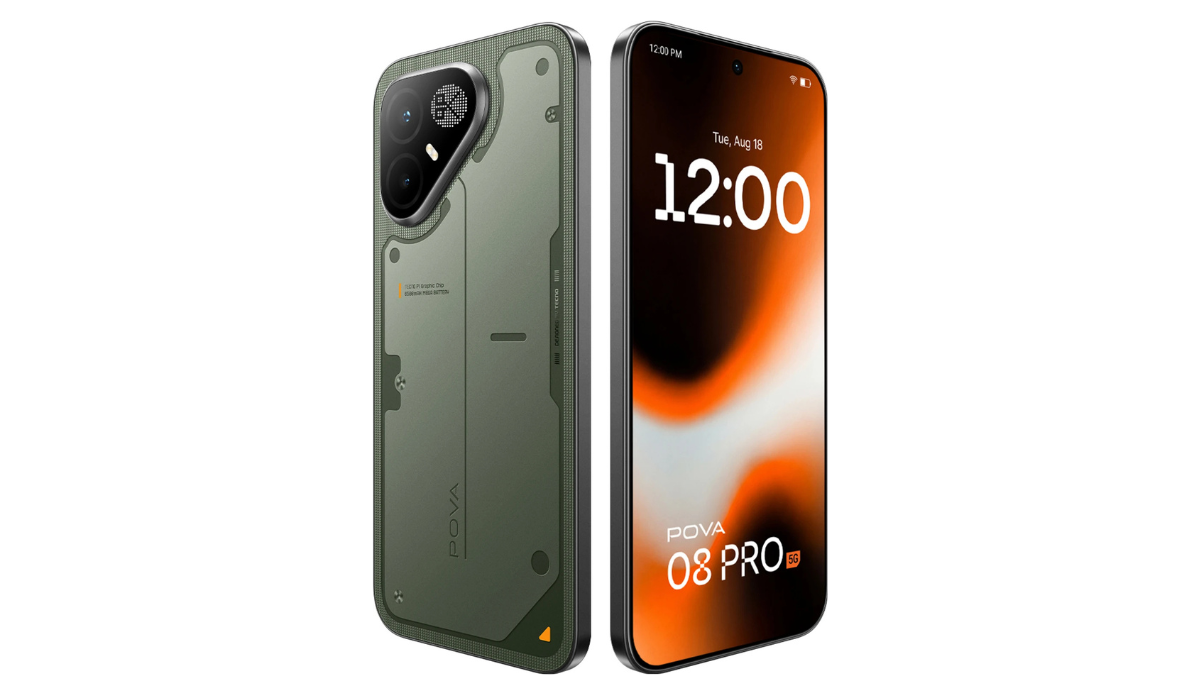 Base pricing for the Pova 8 Pro 5G begins at Rs 49,999 1 Angled green textured rear panel beside tilted front display with orange wallpaper on white background smartphone.