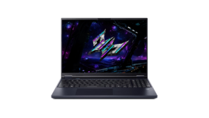 Black keyboard below open screen showing metallic logo on space background on Predator Helios Neo 16 gaming laptop.