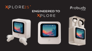 Ivory white Probuds Xplore 25° earbuds and charging case with a colour display and pop-up mechanism.