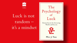 HarperCollins logo, text stating luck is not random next to The Psychology of Luck book cover publishing.