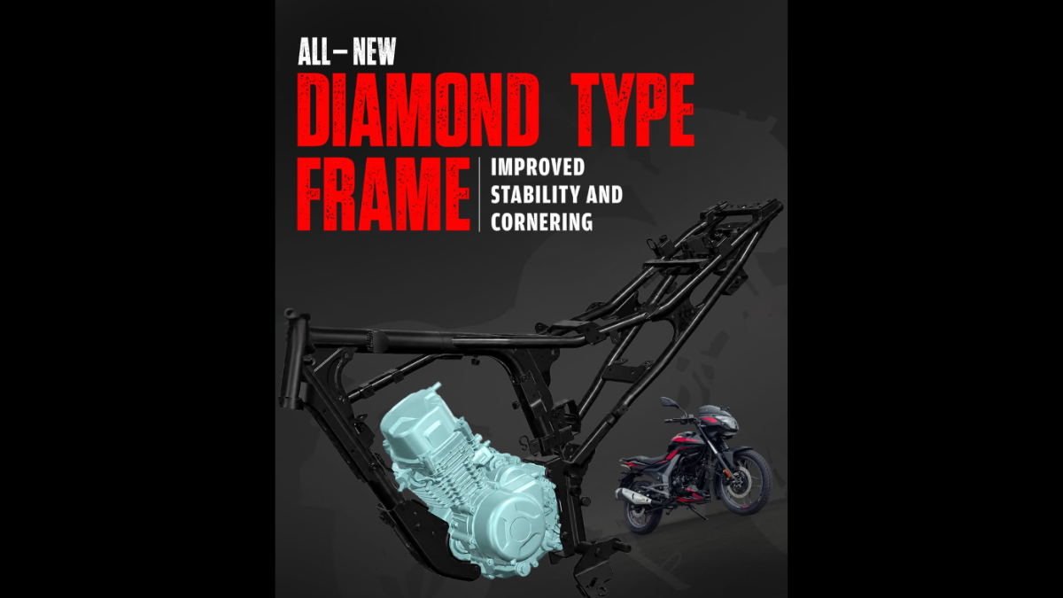 Updated Pulsar 125 and 150 debut in India from Rs 92,990 1 Black diamond chassis frame holding a light blue engine with a small motorcycle on a dark background studio.