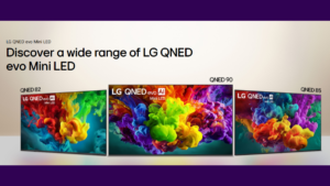 Three LG QNED evo Mini LED screens showing colourful smoke displays side by side labeled QNED 82, QNED 90, and QNED 85 tel...