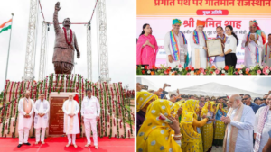 Dignitaries beside a tall statue, a stage presentation ceremony, and women greeting leaders at Rajasthan launch.
