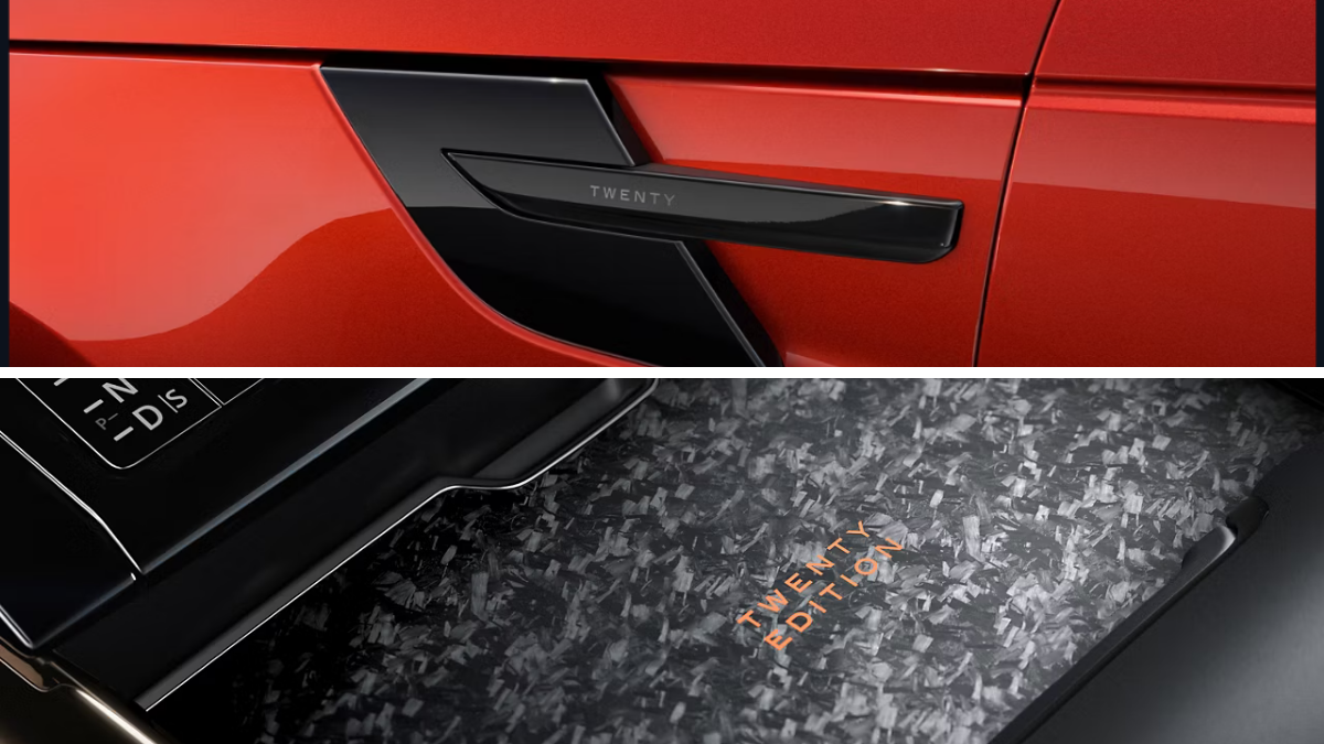 V8-powered Range Rover Sport Twenty Edition arrives at ₹1.90 crore 1 Black side vent with TWENTY badge and forged carbon centre console with orange TWENTY EDITION lettering.