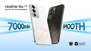 Glory White realme 16x 5G alongside Endurance Brown variant with rear camera module against blue graphic background.