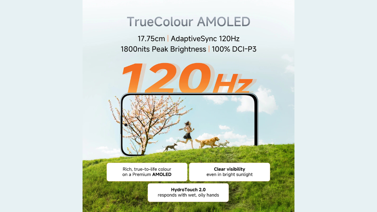 Redmi Note 17 5G brings a massive 8000mAh battery to India 2 Smartphone screen showing a woman running outdoors with dogs below orange 120Hz text graphic.