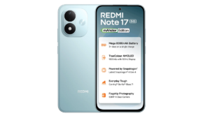 Light blue Redmi Note 17 5G back cover beside front screen displaying feature bullet list graphic.