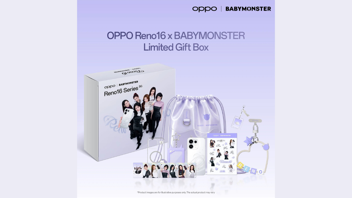 This K-pop merchandise smartphone bundle starts at ₹46,999 2 Gift box, collectible photo cards, clear case, white phone, sticker sheet, keychains, and purple drawstring bag bundle.
