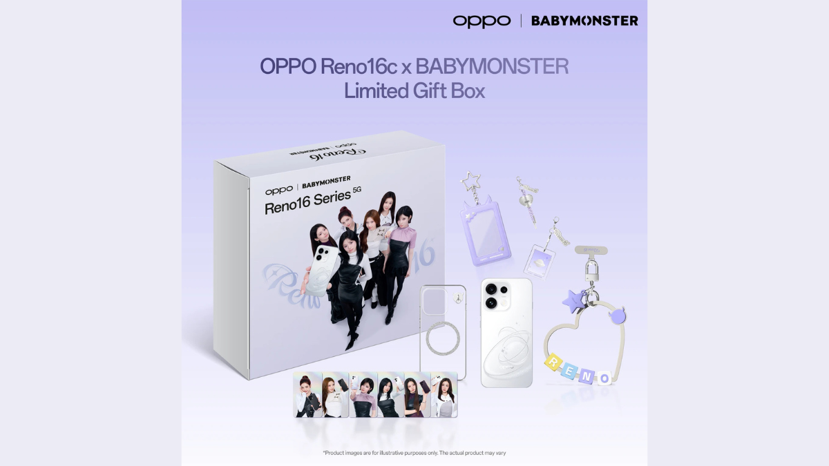 This K-pop merchandise smartphone bundle starts at ₹46,999 1 White gift box, row of photo cards, clear case, white smartphone, and purple charm keychains set.