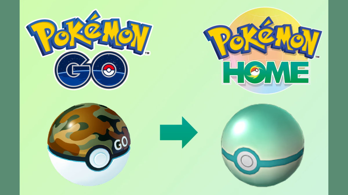 Classic Kanto titles gain cloud transfer support this October 1 Pokémon GO logo and camouflage ball on left pointing via green arrow to Pokémon HOME logo and teal ball graphic.