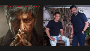 Shah Rukh Khan with silver hair and blood on face in King poster beside Salman Khan and Vamshi Paidipally standing outdoor...