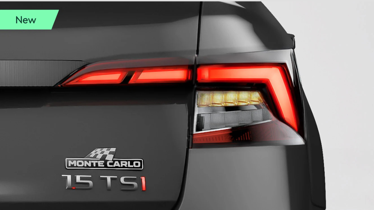 Sporty Slavia Monte Carlo gains illuminated front grille 2 Illuminated red angular led tail lamp above chrome Monte Carlo and 1.5 TSI boot badges sedan.