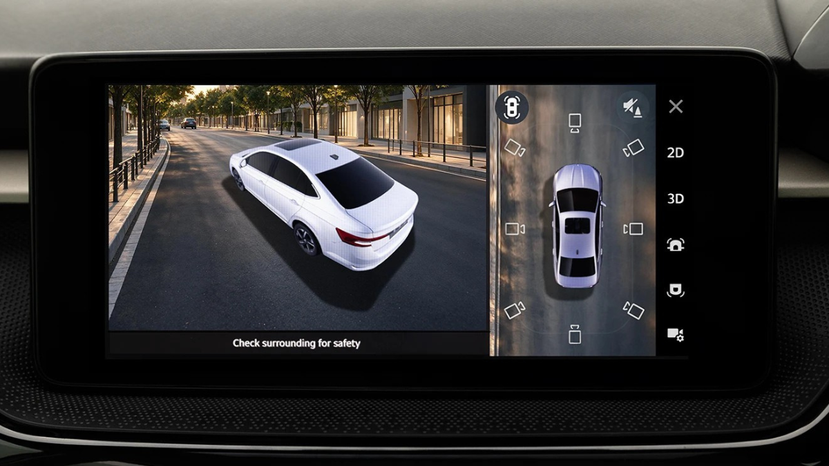 Updated midsize sedan debuts with revised styling 2 Touchscreen infotainment monitor showing split-screen 3D rear and top-down bird's-eye parking views system.