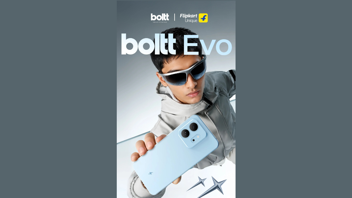 Hand holding light blue phone with dual cameras, person in sunglasses behind, Boltt Evo text above smartphone.