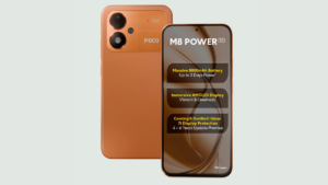 Blaze orange back panel with dual cameras next to front screen of POCO M8 Power 5G smartphone.