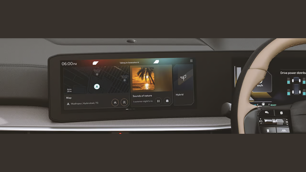 Hybrid Sorento brings segment-first AWD to India 1 Dashboard touchscreen showing map navigation and hybrid status, two-tone steering wheel rim, instrument display interior.