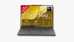 Keyboard and trackpad in front of open Acer Swift Neo laptop screen with gold wallpaper graphic.