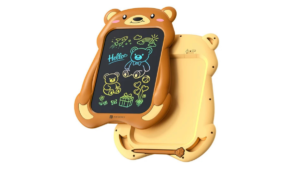 Brown bear shaped Portronics Ruffpad Teddy 8.5 displaying colourful doodles beside yellow rear casing tablet.
