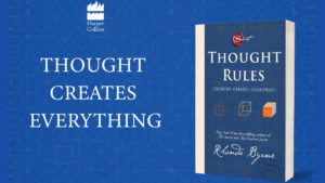 HarperCollins text on a blue background beside a Thought Rules book cover by Rhonda Byrne cover.