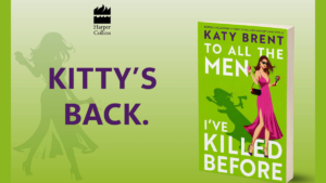 Purple text reading Kitty's Back next to a green paperback of To All the Men I’ve Killed Before novel.