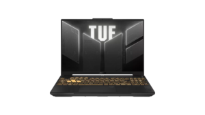 Amber backlit keyboard with highlighted keys below open Asus TUF Gaming 16 display screen.