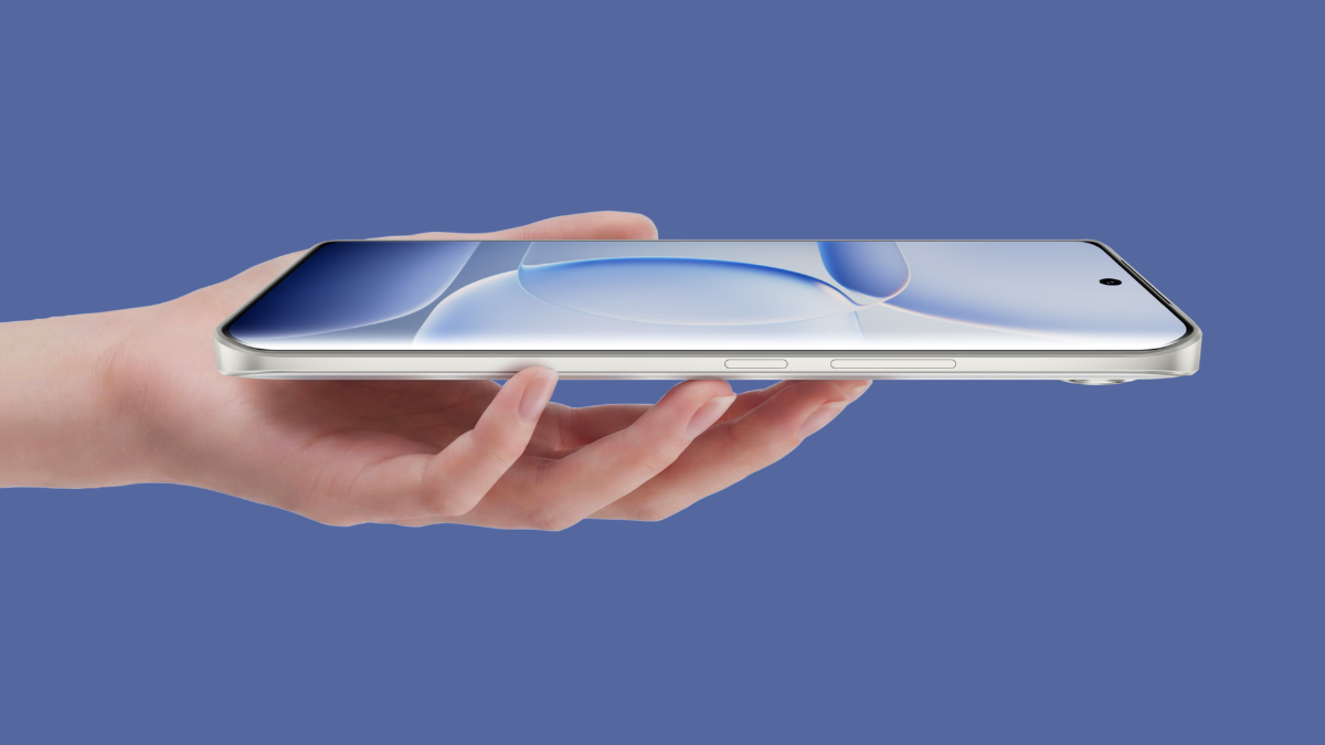 A 7050 mAh battery powers the new vivo S2 in India 2 Side view of a slim white smartphone resting horizontally on an open hand against a blue background.