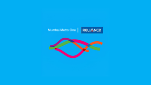 Mumbai Metro One text and Reliance logo above colourful wavy ribbons on a cyan background branding.