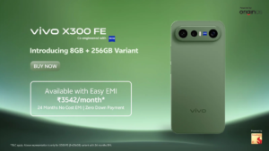 Text banner next to green rear panel of vivo X300 FE smartphone showing horizontal triple camera module display.