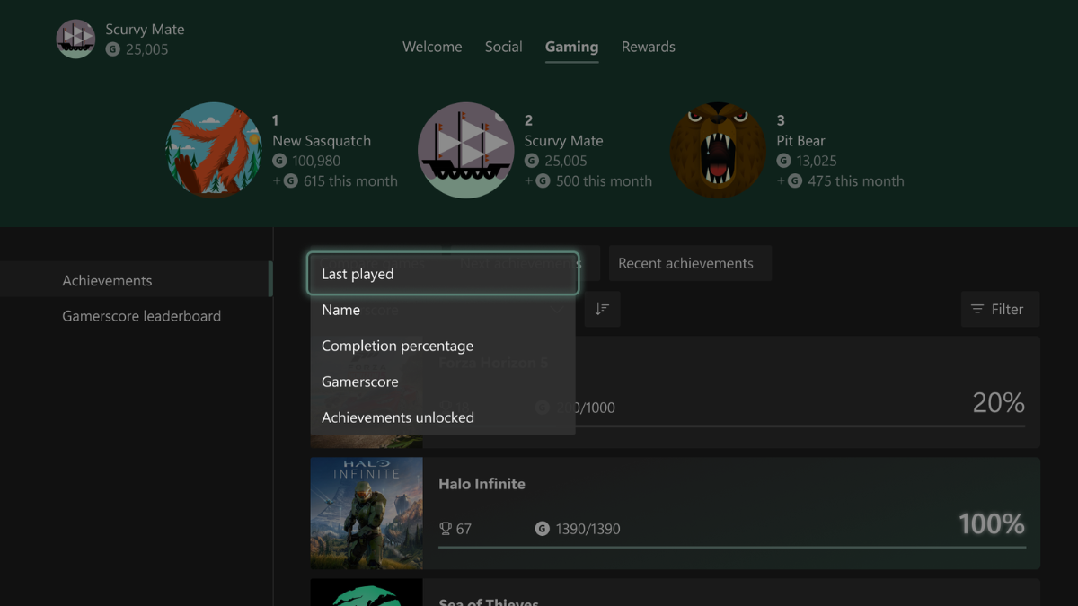 Achievement history drop-down menu with sorting choices over player leaderboard and game art.