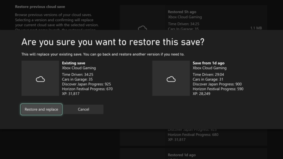 Dialog box prompting to restore previous cloud save version with existing save details alongside older save details.