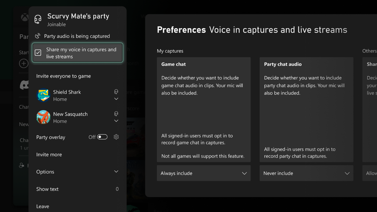 Party chat overlay alongside voice audio preference toggles for game chat and live streams.