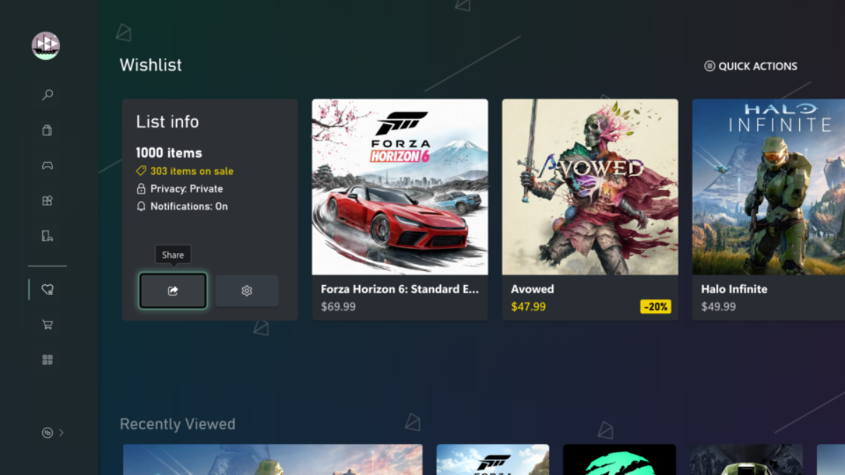 Wishlist screen displaying a thousand items capacity next to digital game tiles for Forza Horizon 6 and Avowed.