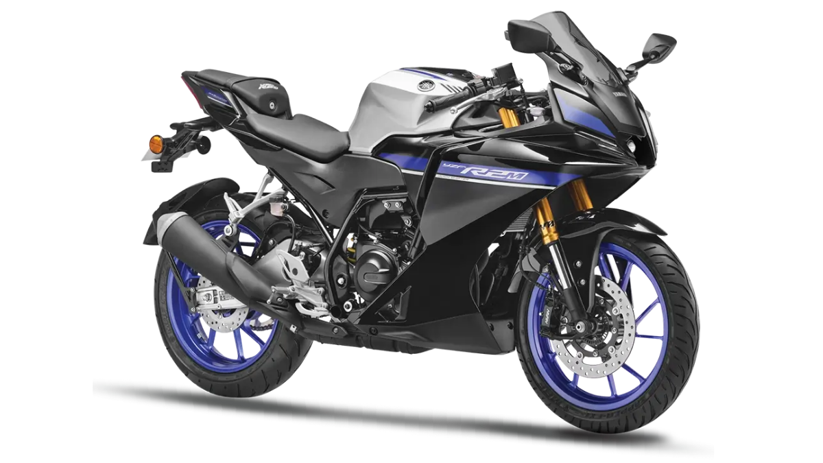 Base YZF-R2 launches at Rs 2,30,500 with new 204cc engine 2 Silver swingarm, faux-suede seat, silver fuel tank, gold front forks, and blue wheels on white background studio.