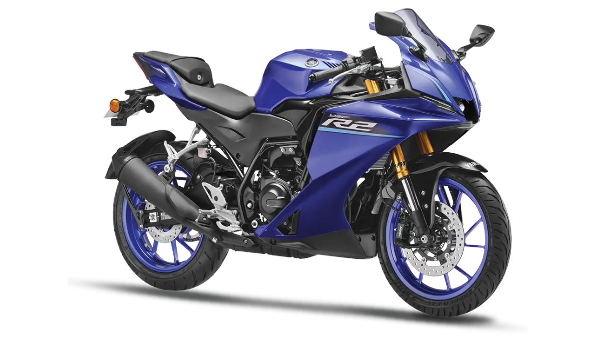 Base YZF-R2 launches at Rs 2,30,500 with new 204cc engine 1 Black exhaust, blue fuel tank, gold front forks, and blue alloy wheels on plain white background studio.
