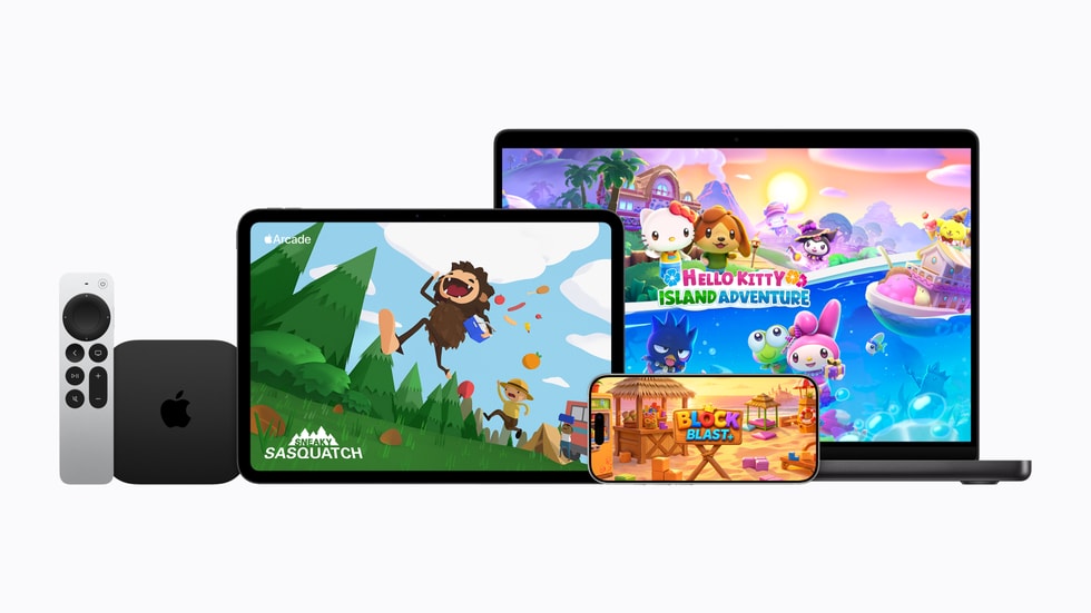Upgraded iCloud+ subscription adds gaming and television for ₹75 1 Remote, streaming box, tablet with Sneaky Sasquatch, phone running Block Blast, and laptop showing Hello Kitty preview.