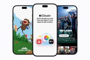 Sneaky Sasquatch game, Apple iCloud+ prompt, and Ted Lasso show displayed across three smartphones lineup.