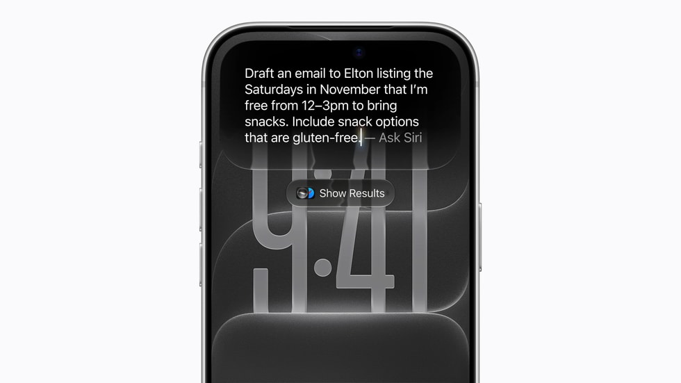 Smartphone displaying Siri AI drafting prompt above a Show Results button against a lock screen, interface.