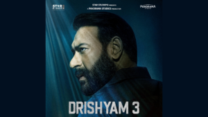 A bearded man in profile looks left in the foreground, positioned between top studio logos and bottom Drishyam 3 text.