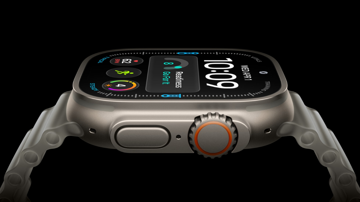 Rugged 45-hour smartwatch debuts with continuous heart tracking 1 A close-up shows the smartwatch case on a black background, with the digital crown and side button positioned on the right.