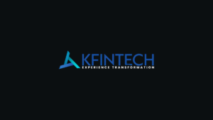A blue triangular emblem sits left of blue KFintech text and white slogan on a black background for the ARYA platform.