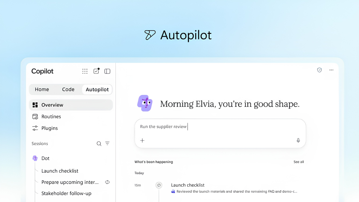 Microsoft Copilot Gets Autonomous Agents and a New Workspace 2 Copilot sidebar with Autopilot tab selected beside a text prompt reading Run the supplier review dashboard.