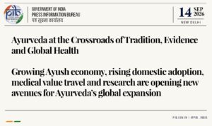 Press Information Bureau logo left of text headline for 11th Ayurveda Day global health document.