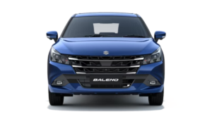 Front view of a blue Baleno with headlights on the sides, a chrome grille at the centre, and a white backdrop.