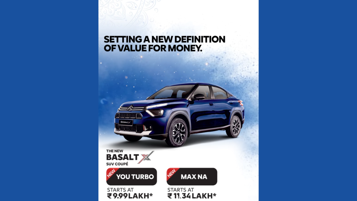 Promotional text sits at the top, above a blue Citroen Basalt X SUV coupe angled over two trim badges at the bottom.