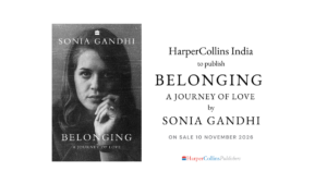 On the left, Belonging cover shows a woman with hand to chin, with launch text on a white background to the right.