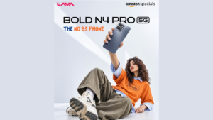 White sneakers, person in orange shirt holding up blue Lava Bold N4 Pro 5G, plain white studio backdrop advertisement.